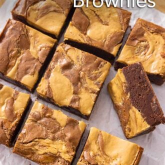 Pinterest graphic of peanut butter brownies cut into 9 pieces on a serving board.