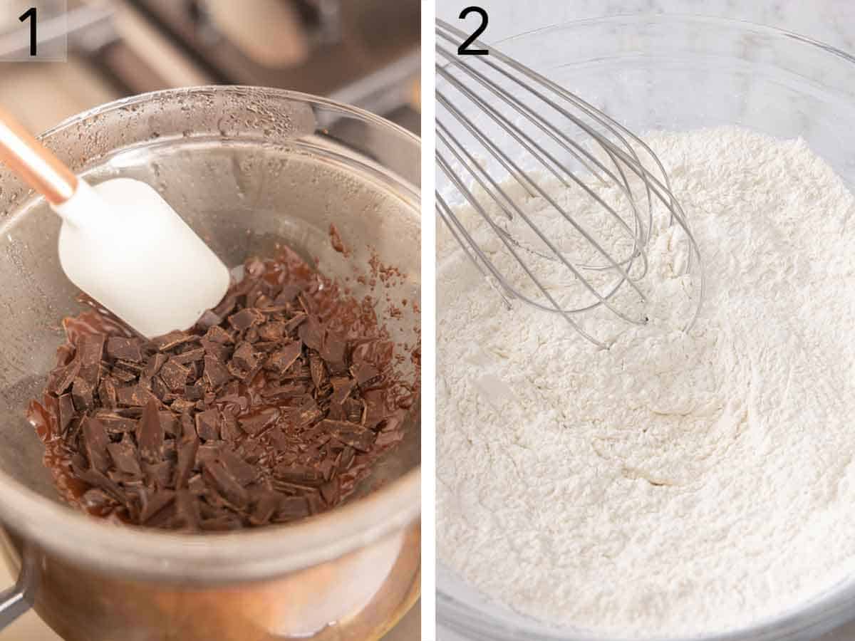 Set of two photos showing chocolate being melted and dry ingredients whisked.