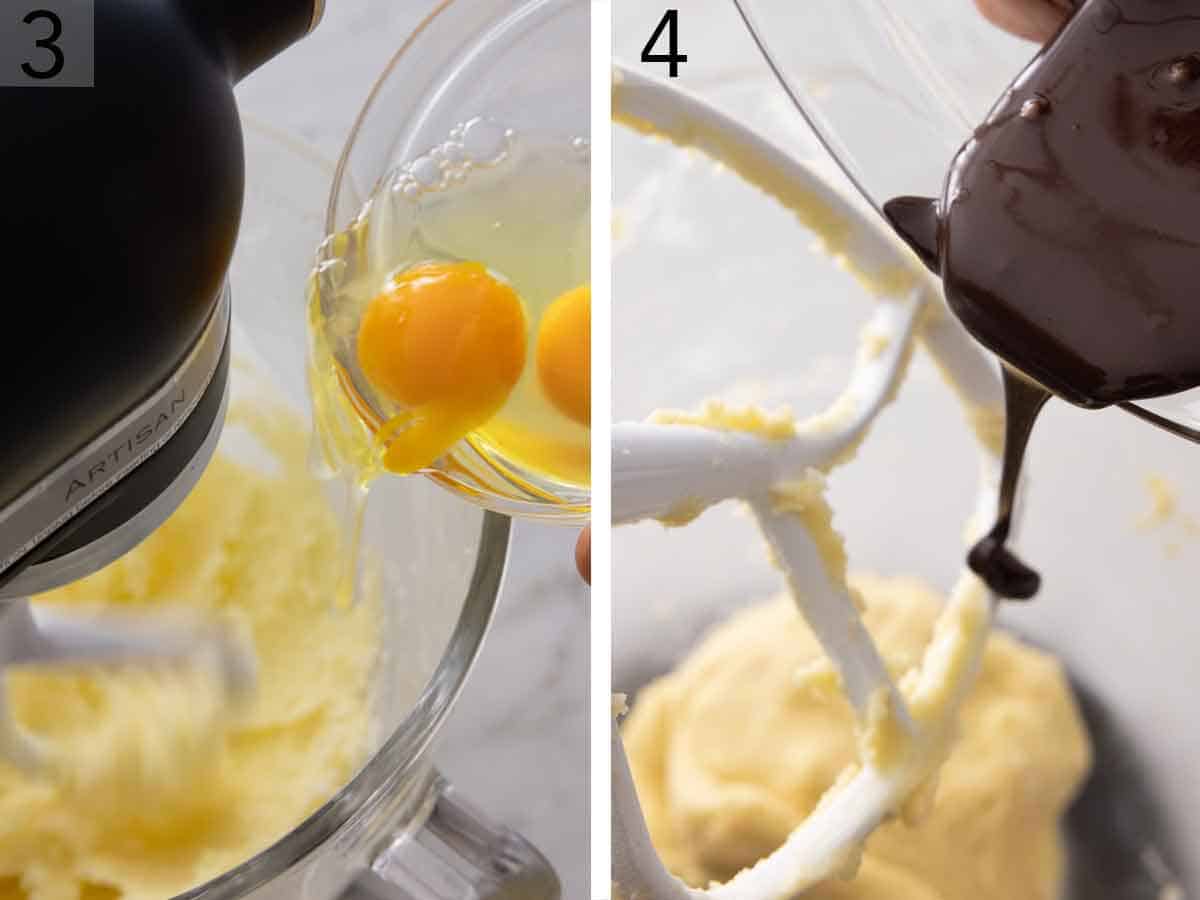 Set of two photos showing eggs and then chocolate added to a mixer.
