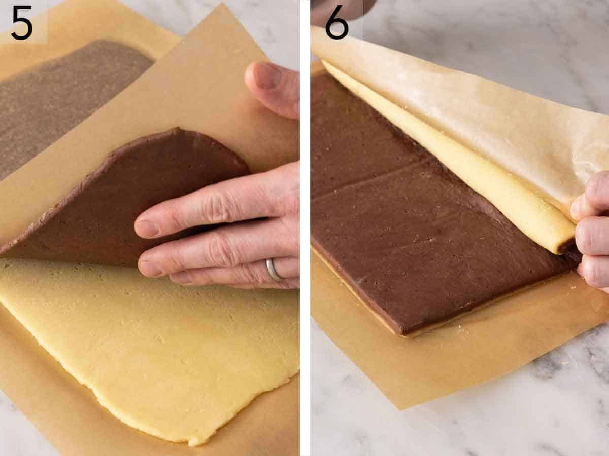 Set of two photos showing a chocolate layer added on top of vanilla before rolling.