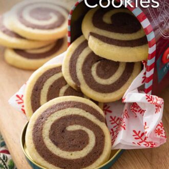 Pinterest graphic of a tin with pinwheel cookies opened and scattering out.