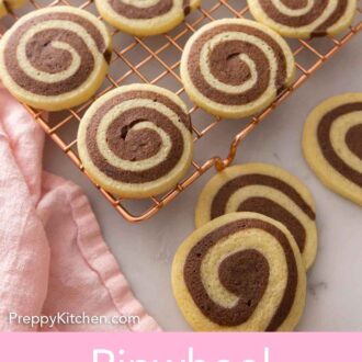 Pinterest graphic of a cooling rack with pinwheel cookies on it and in front.