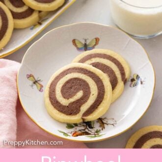 Pinterest graphic of two pinwheel cookies on a plate by a glass of milk.