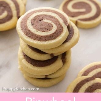 Pinterest graphic of a stack of six pinwheel cookies.