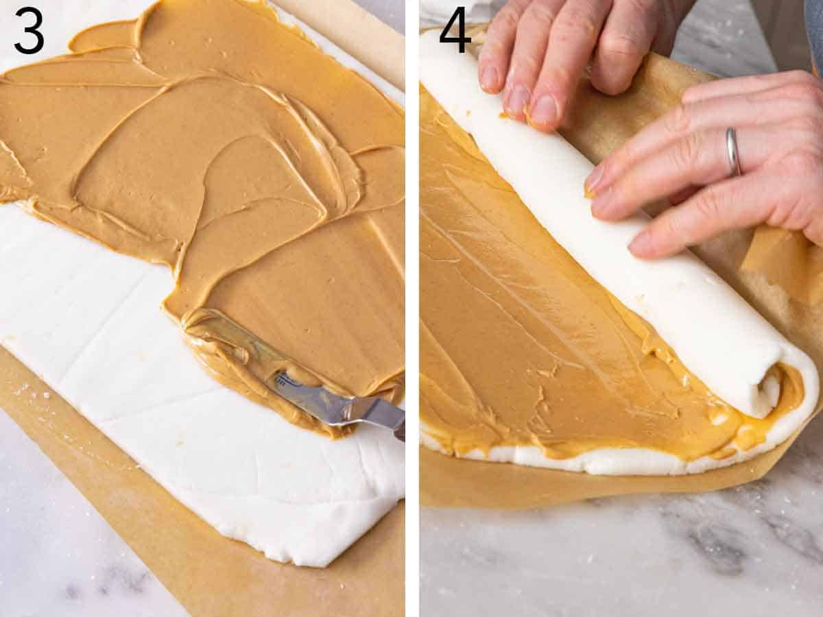 Set of two photos showing peanut butter spread onto the potato layer then rolled.