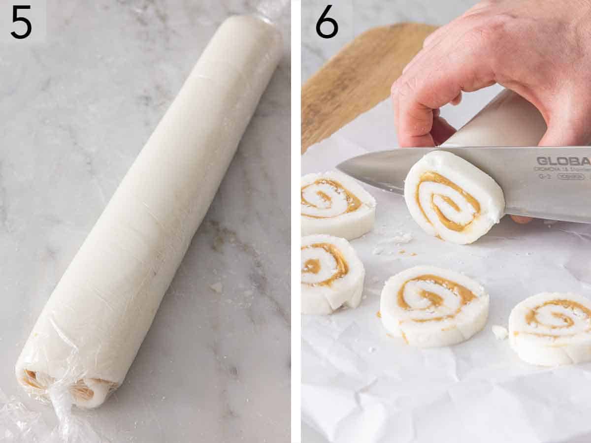 Set of two photos of the rolled mixture wrapped in plastic and then sliced.