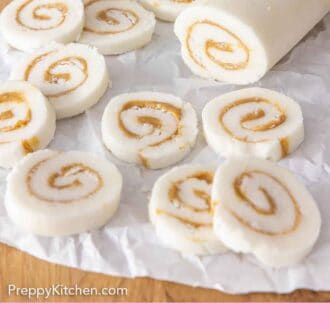 Pinterest graphic of a log of potato candy with slices in front of it.