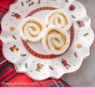 Pinterest graphic of a plate with three pieces of potato candy.
