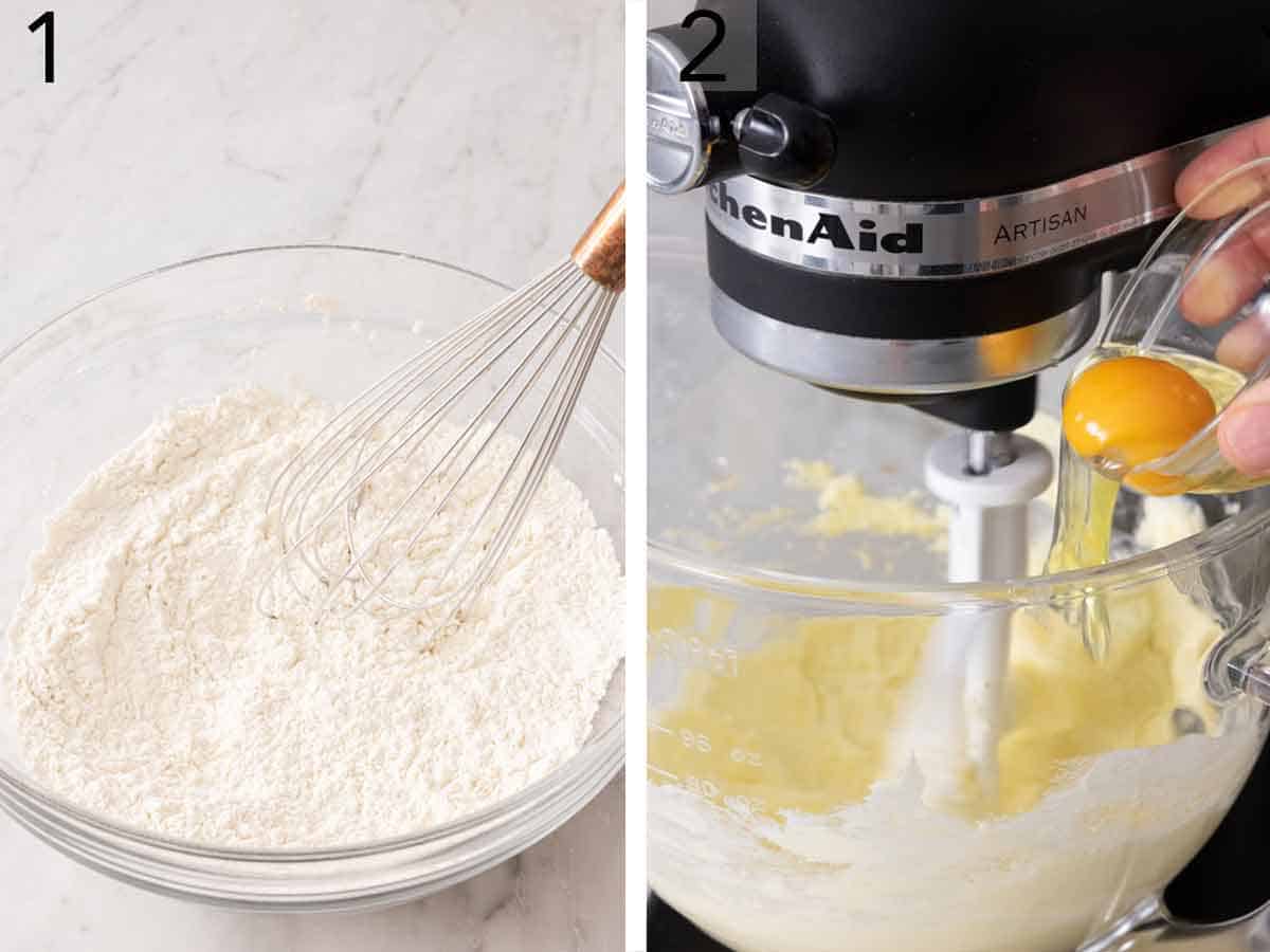Set of two photos showing dry ingredients whisked and eggs added to a mixer.