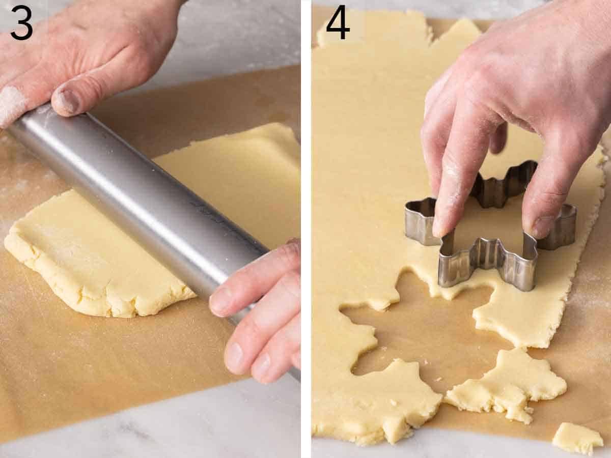 Set of two photos showing dough rolled and cut out.