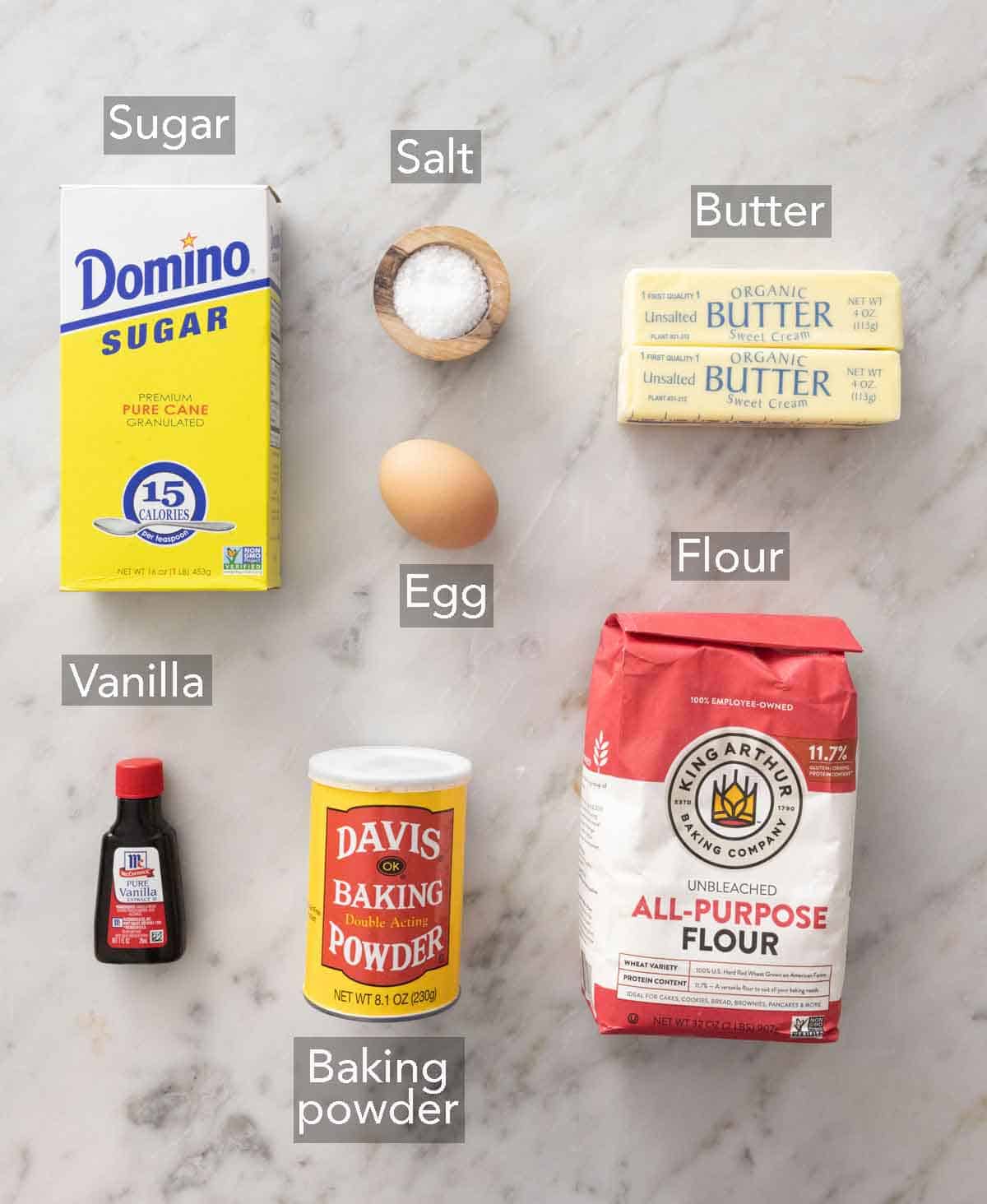 Ingredients needed to make snowflake cookies.
