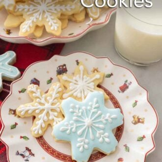 Pinterest graphic of a plate with three snowflake cookies by a glass of milk.