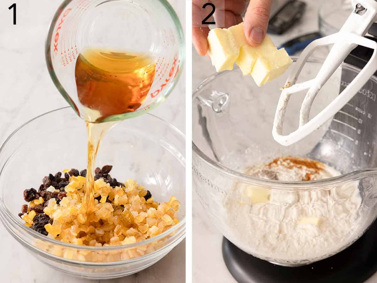 Set of two photos showing fruit soaked and butter added to a mixer.