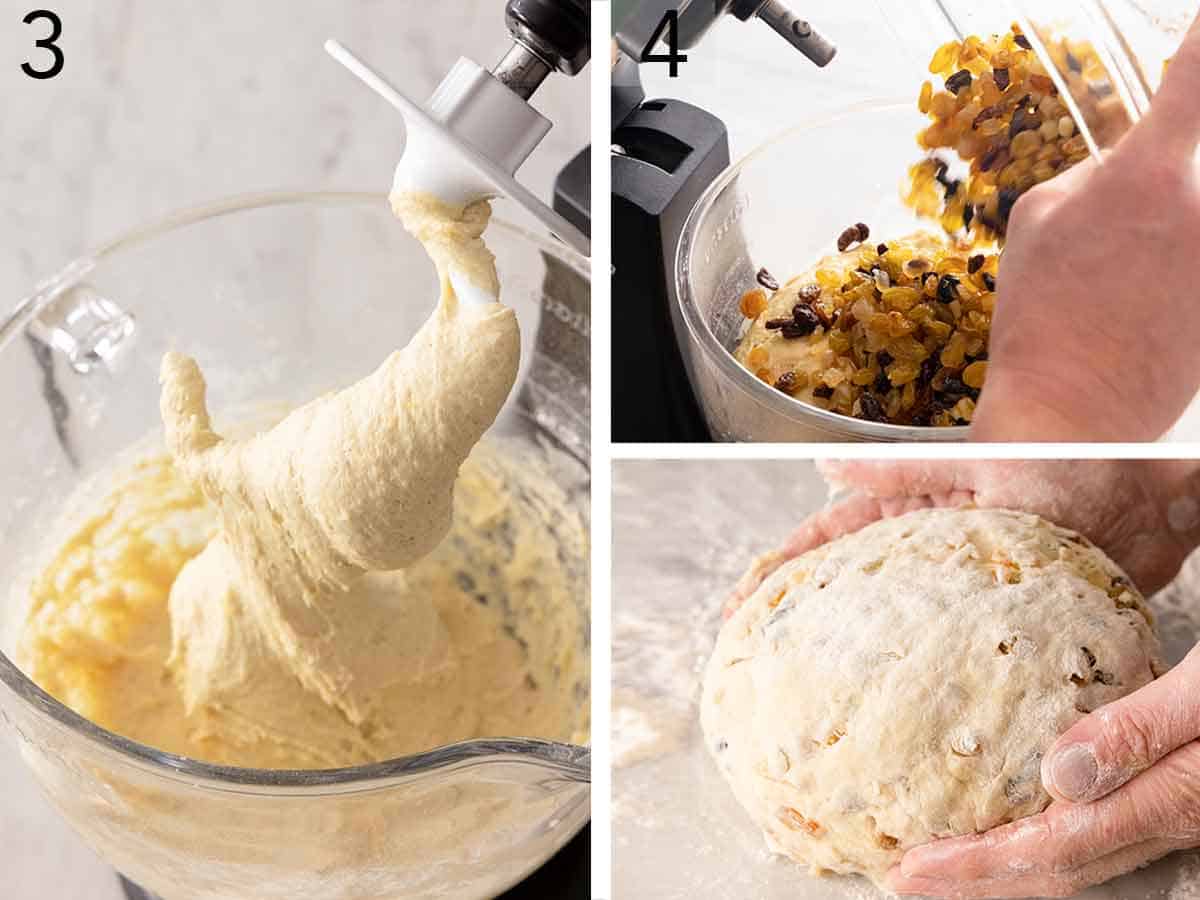 set of three photos showing dough mixed, soaked fruit added, and dough shaped.