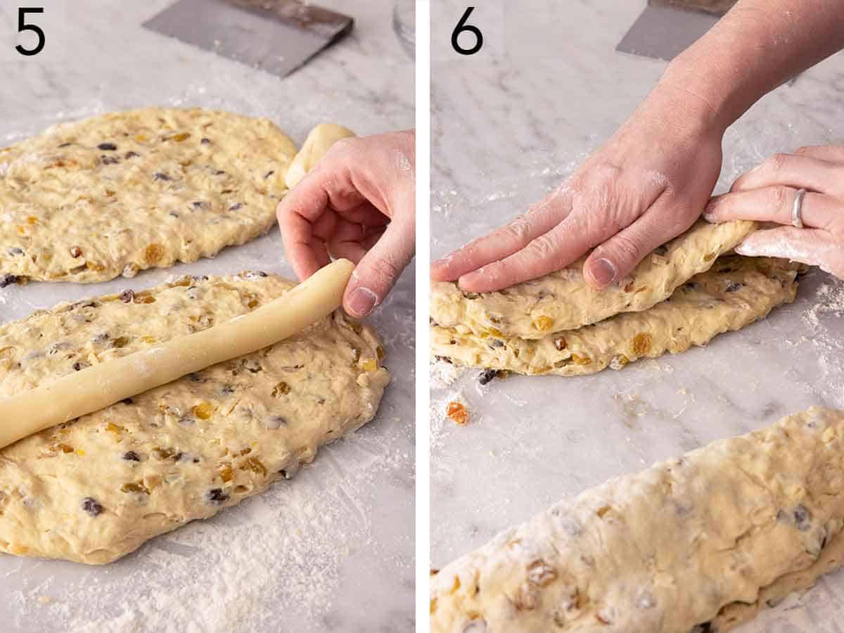 Set of two photos showing marzipan added to the dough and covered by the dough.
