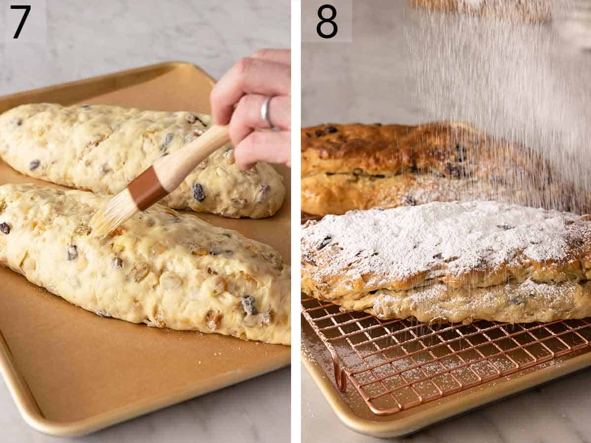 Set of two photos showing stollen brushed with butter and dusted with powdered sugar.