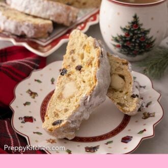Pinterest graphic of a plate with two slices of stollen by a mug of hot chocolate.