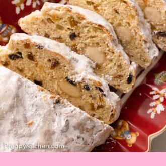 Pinterest graphic of sliced stollen on a festive plate.