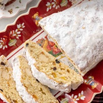 Pinterest graphic of an overhead view of a stollen with half of it sliced.