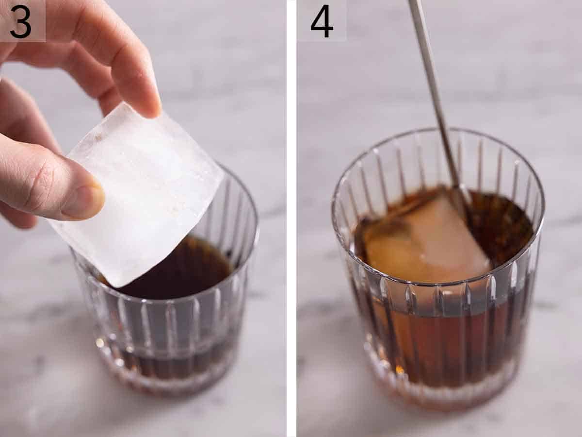 Set of two photos showing ice cube added to a drink and stirred.