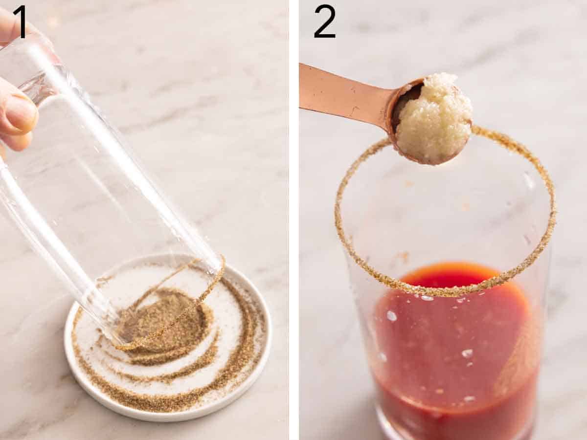 Set of two photos showing a glass' rim coated in celery salt and horseradish added to tomato juice.