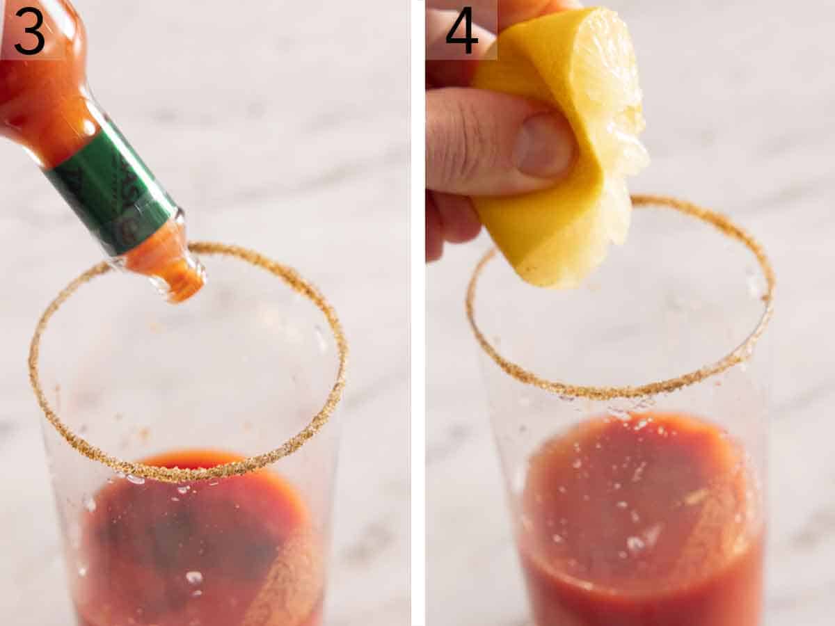 Set of two photos showing hot sauce and lemon juice added to the glass.