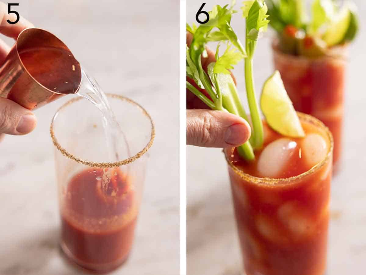 Set of two photos showing vodka added to the drink and then garnished.