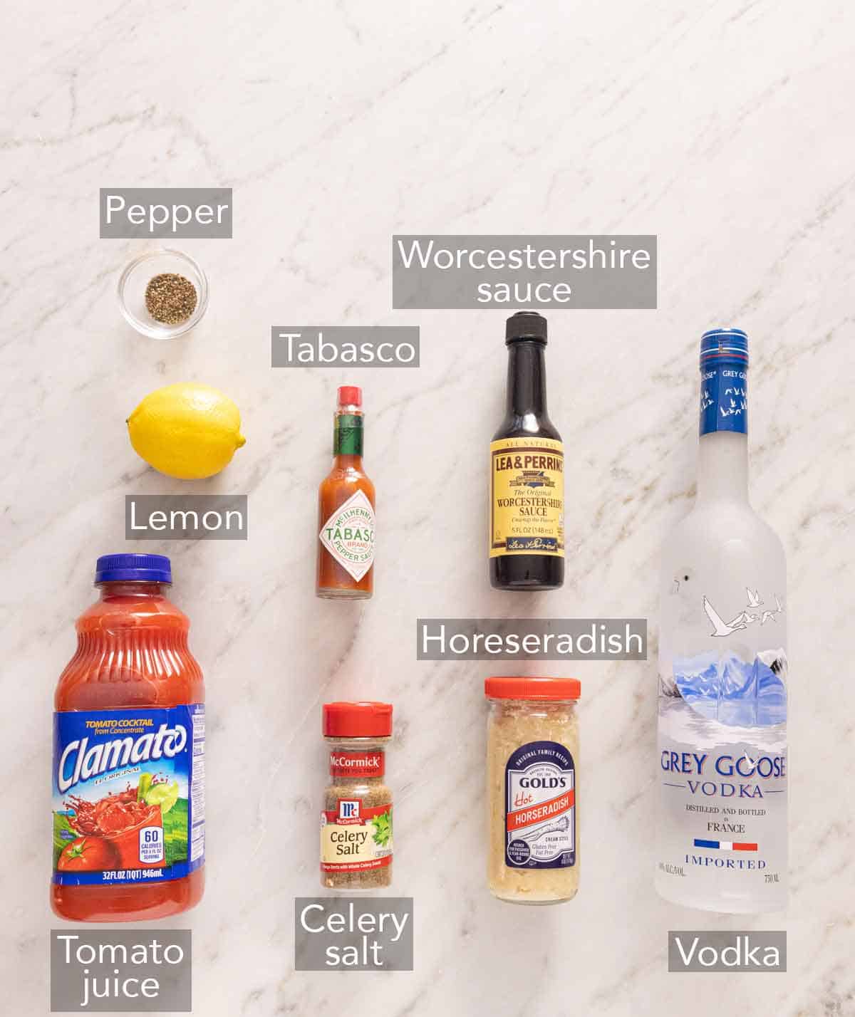 Ingredients needed to make a Bloody Mary.