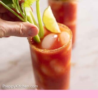 Pinterest graphic of garnishes being added to a glass of Bloody Mary.