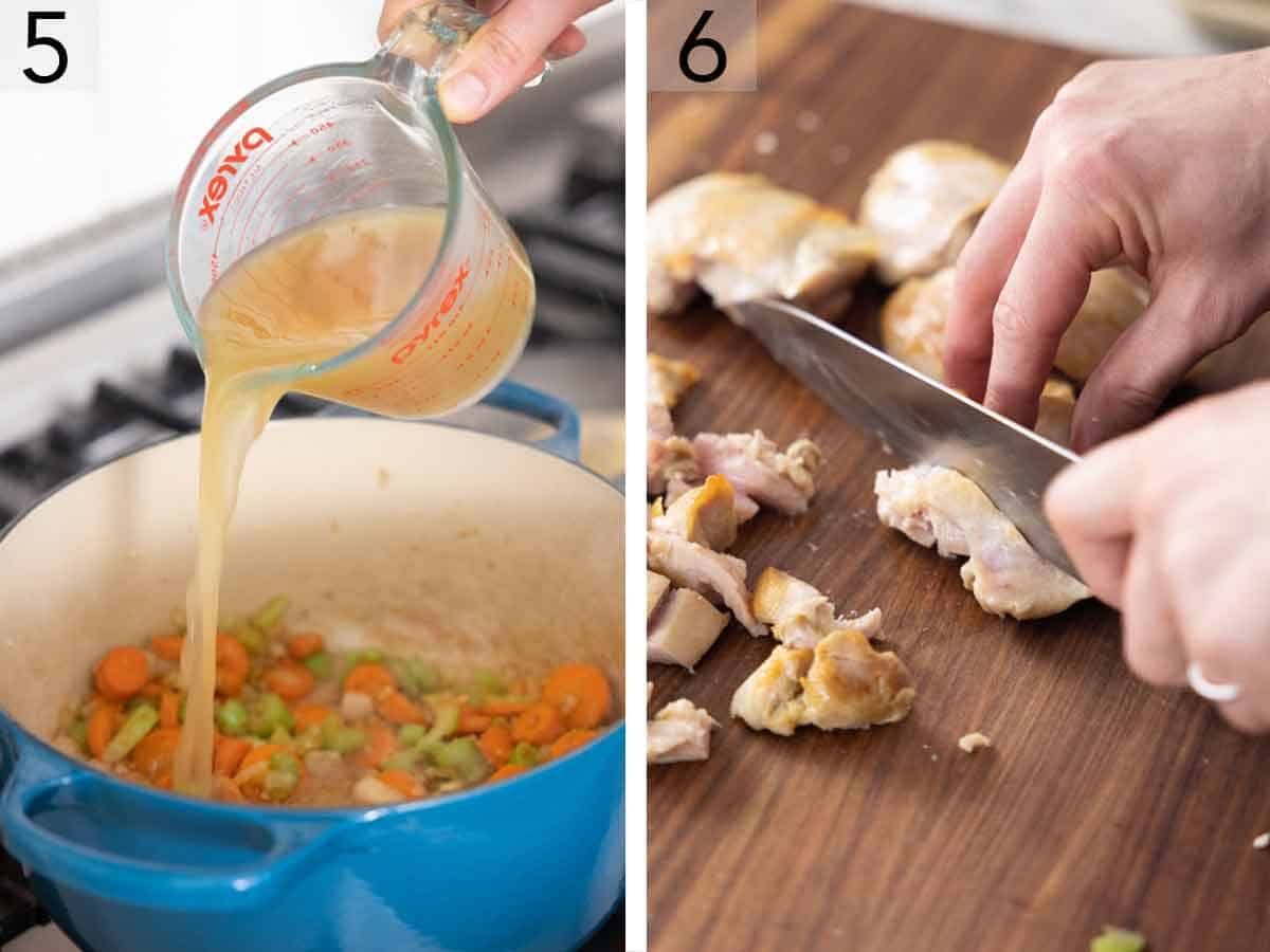 Set of two photos showing chicken broth added to the pot and chicken being chopped.