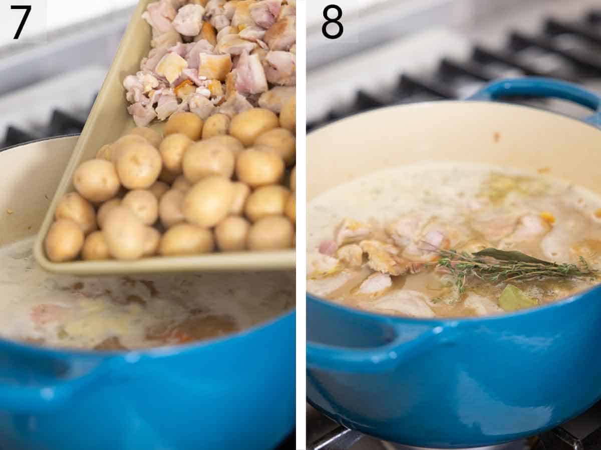 Set of two photos showing potatoes and chopped chicken added to the pot then simmered with herbs.