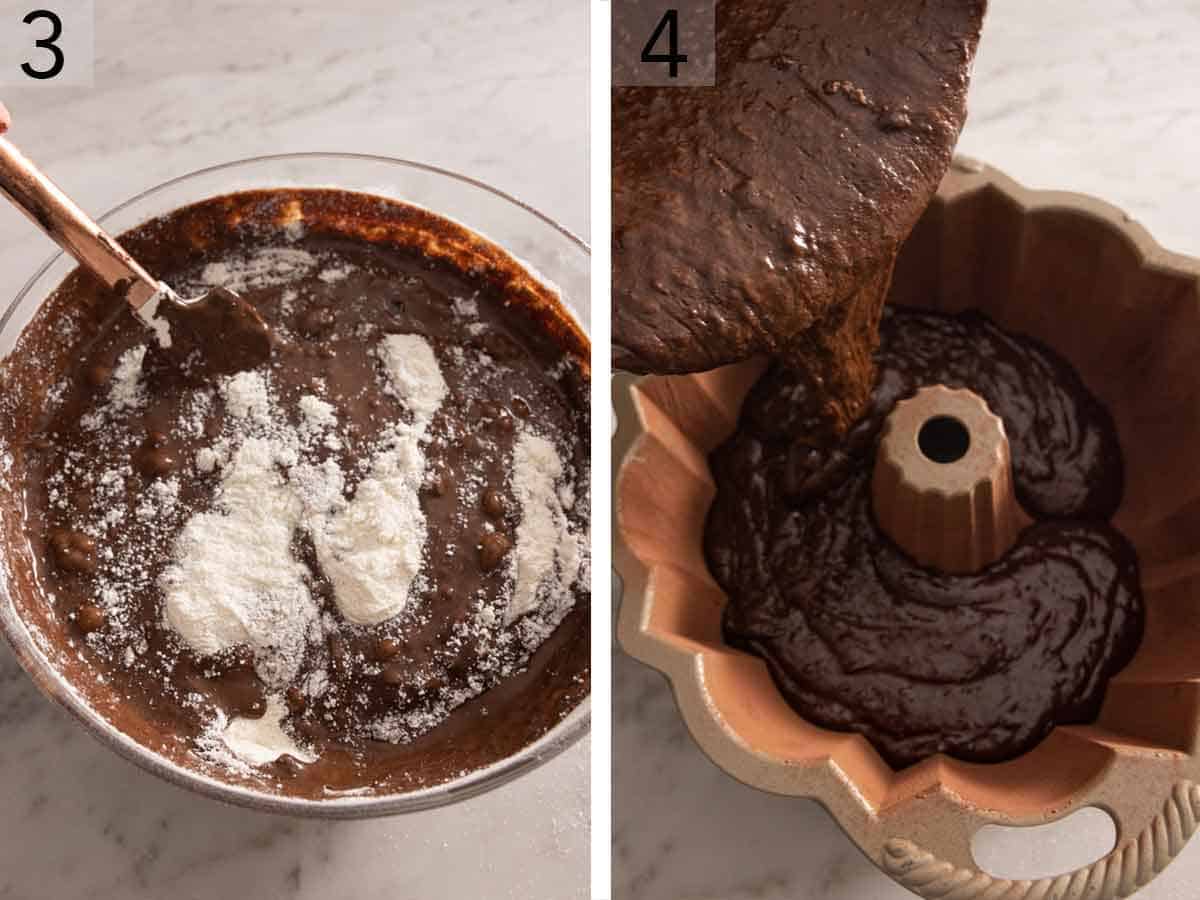 Set of two photos showing wet and dry ingredients combined then poured into a bundt pan.