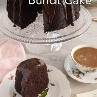 Pinterest graphic of a slice of chocolate bundt cake in front of the cake.