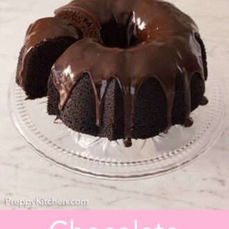 Pinterest graphic of a cake stand with a chocolate bundt cake, one slice slightly pulled out.
