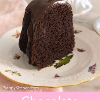 Pinterest graphic of a slice of chocolate bundt cake on a plate.