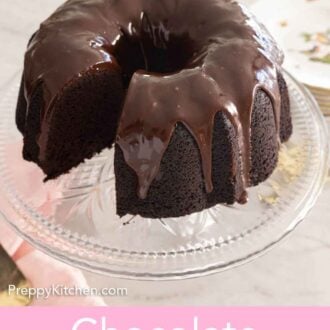 Pinterest graphic of a chocolate bundt cake with a slice removed.