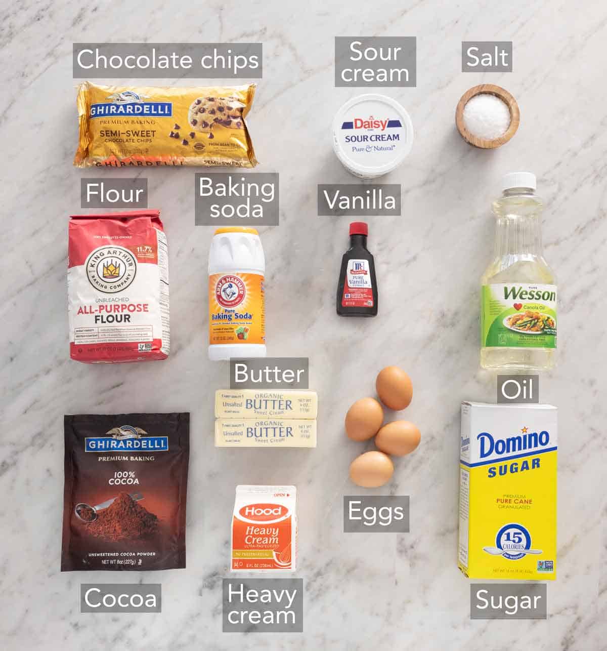 Ingredients needed to make chocolate bundt cake.