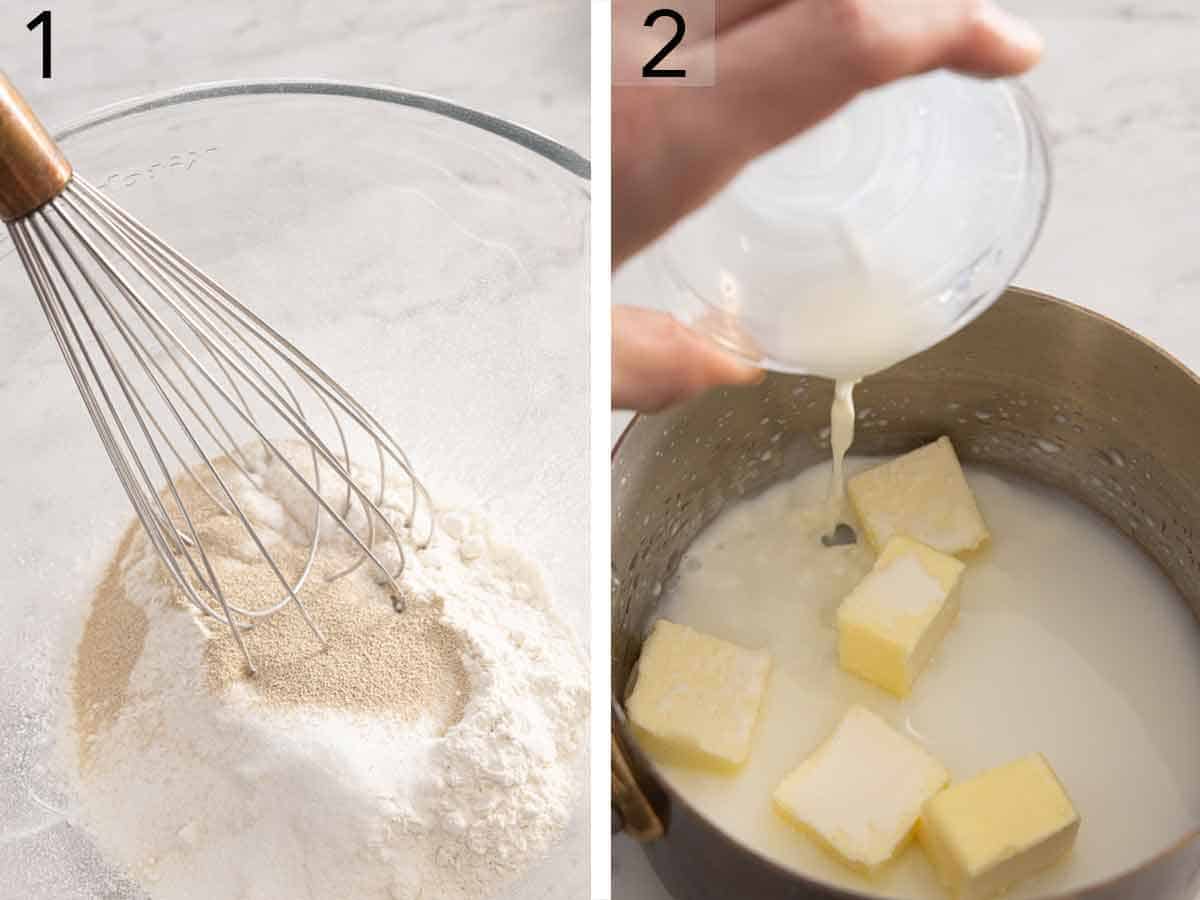 Set of two photos showing dry ingredients mixed and milk combined with butter.
