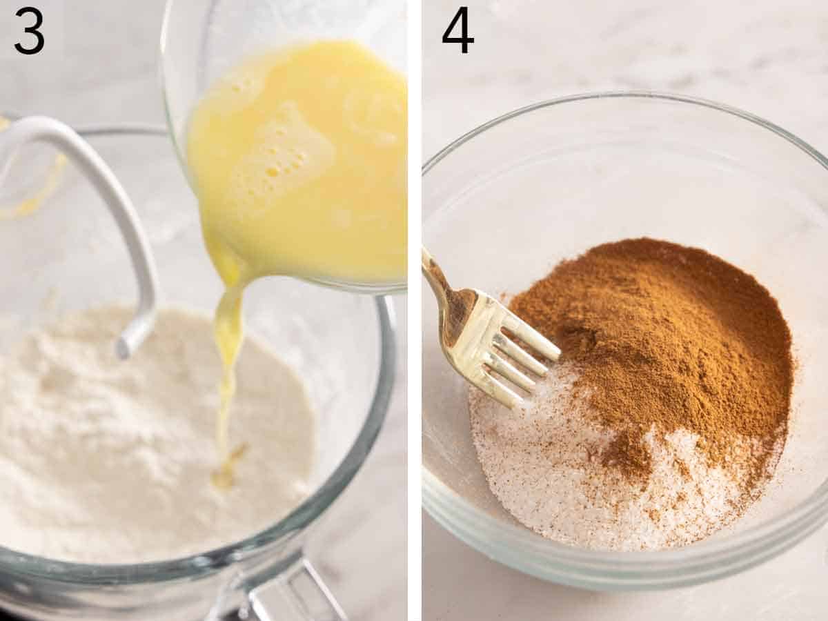 Set of two photos showing wet ingredients added to dry and cinnamon combined with sugar.