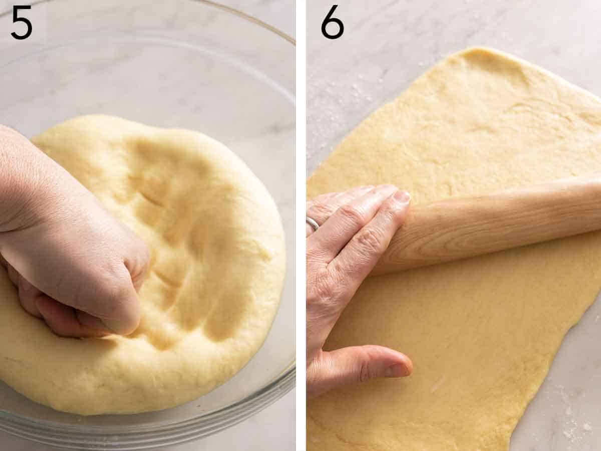 Set of two photos showing dough punched down and rolled out.