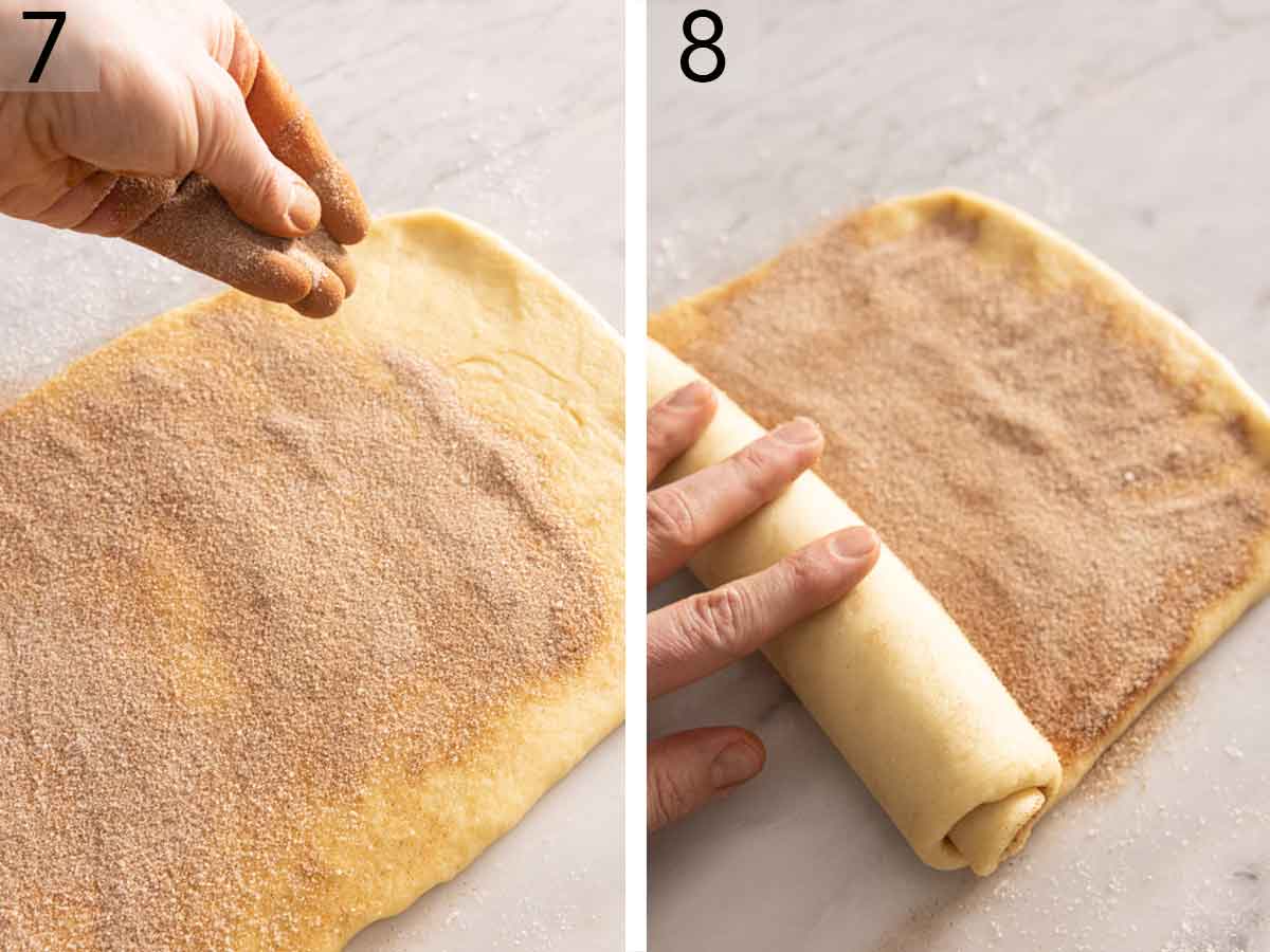 Set of two photos showing cinnamon sugar sprinkled on and dough rolled.