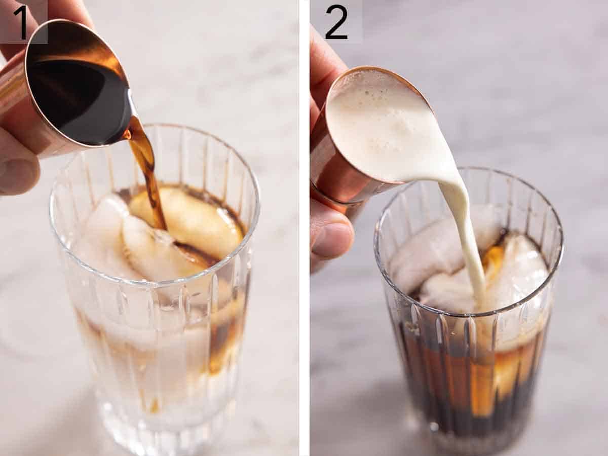 Set of two photos showing coffee liqueur and cream added to a glass of ice with vodka.