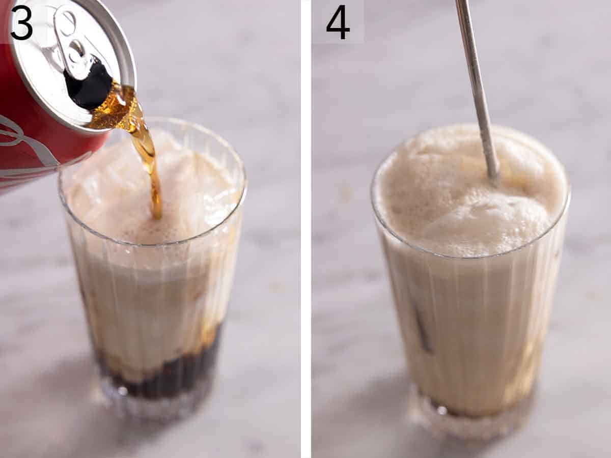 Set of two photos showing cola poured into the cocktail and stirred.