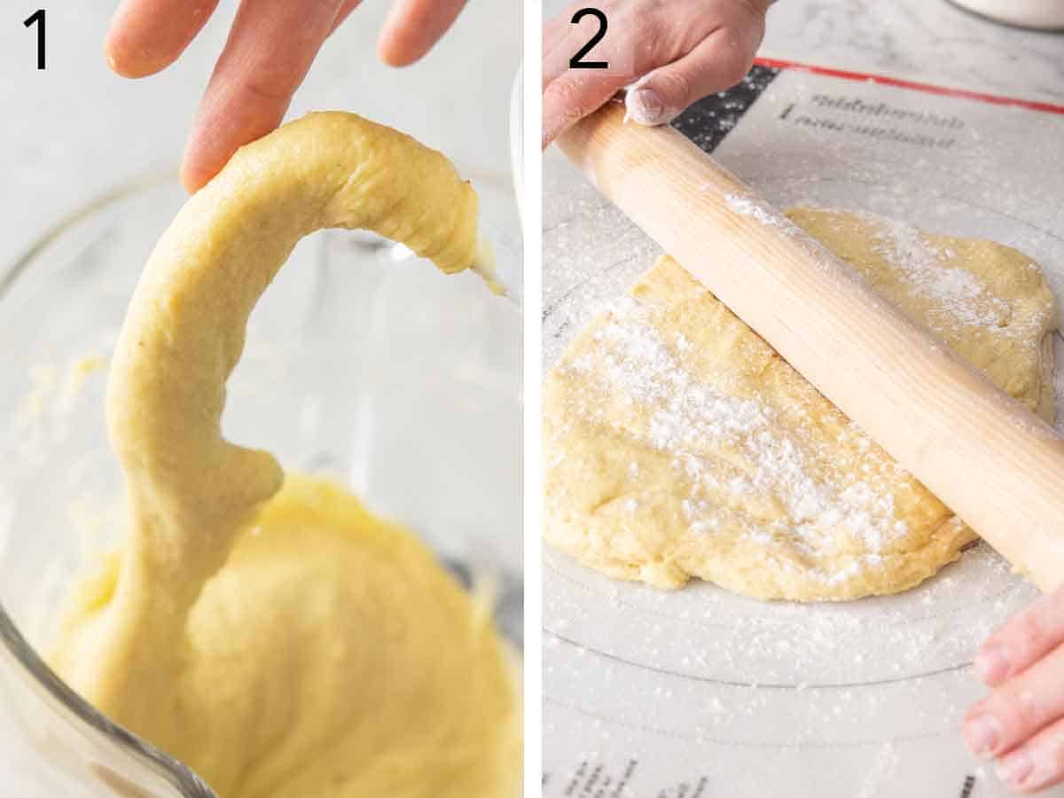 Set of two photo showing dough mixed and rolled out.