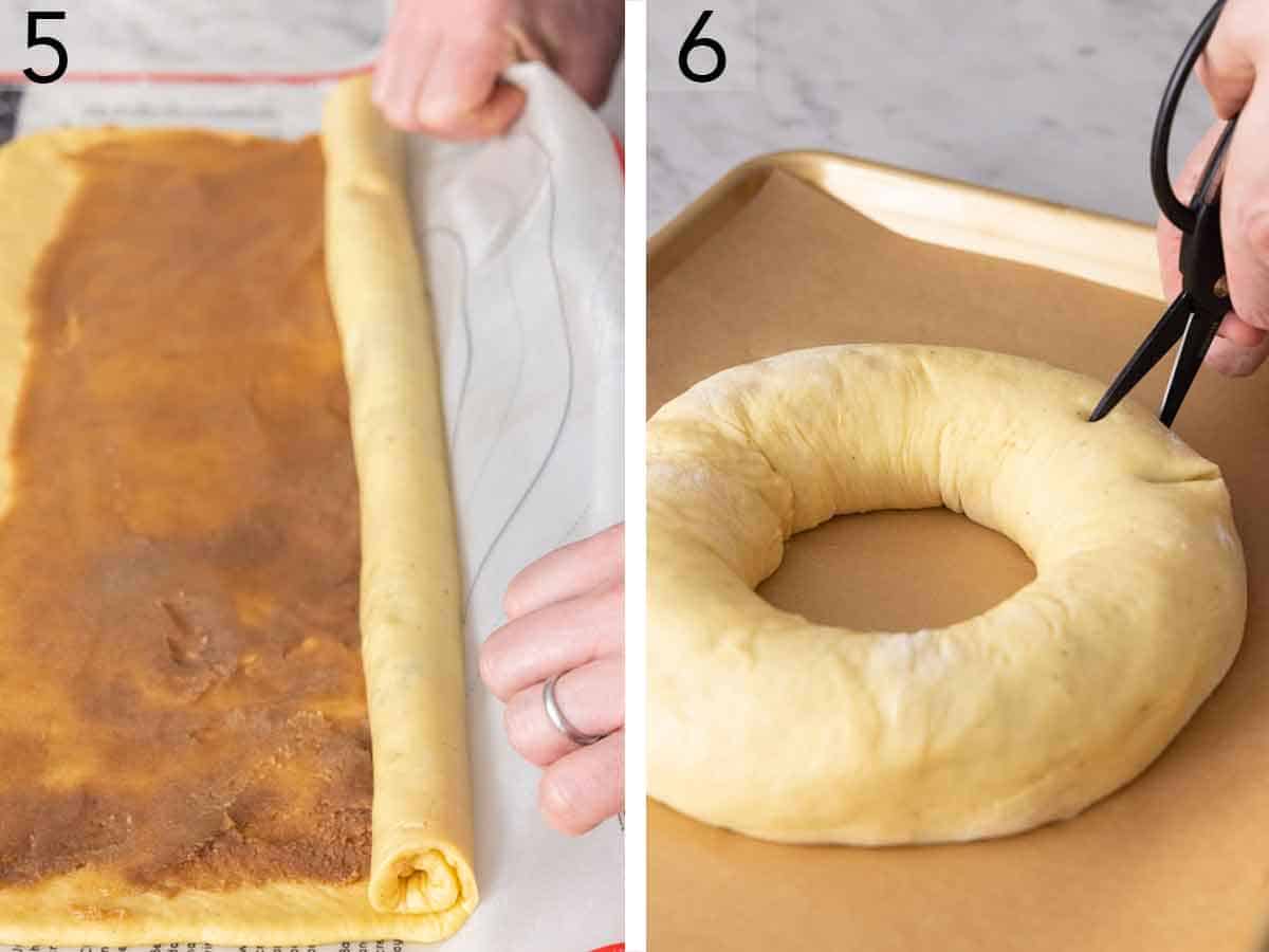 Set of two photos showing dough rolled and then cut.