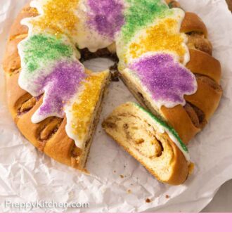 Pinterest graphic of a king cake with a slice cut out and cross section shown.