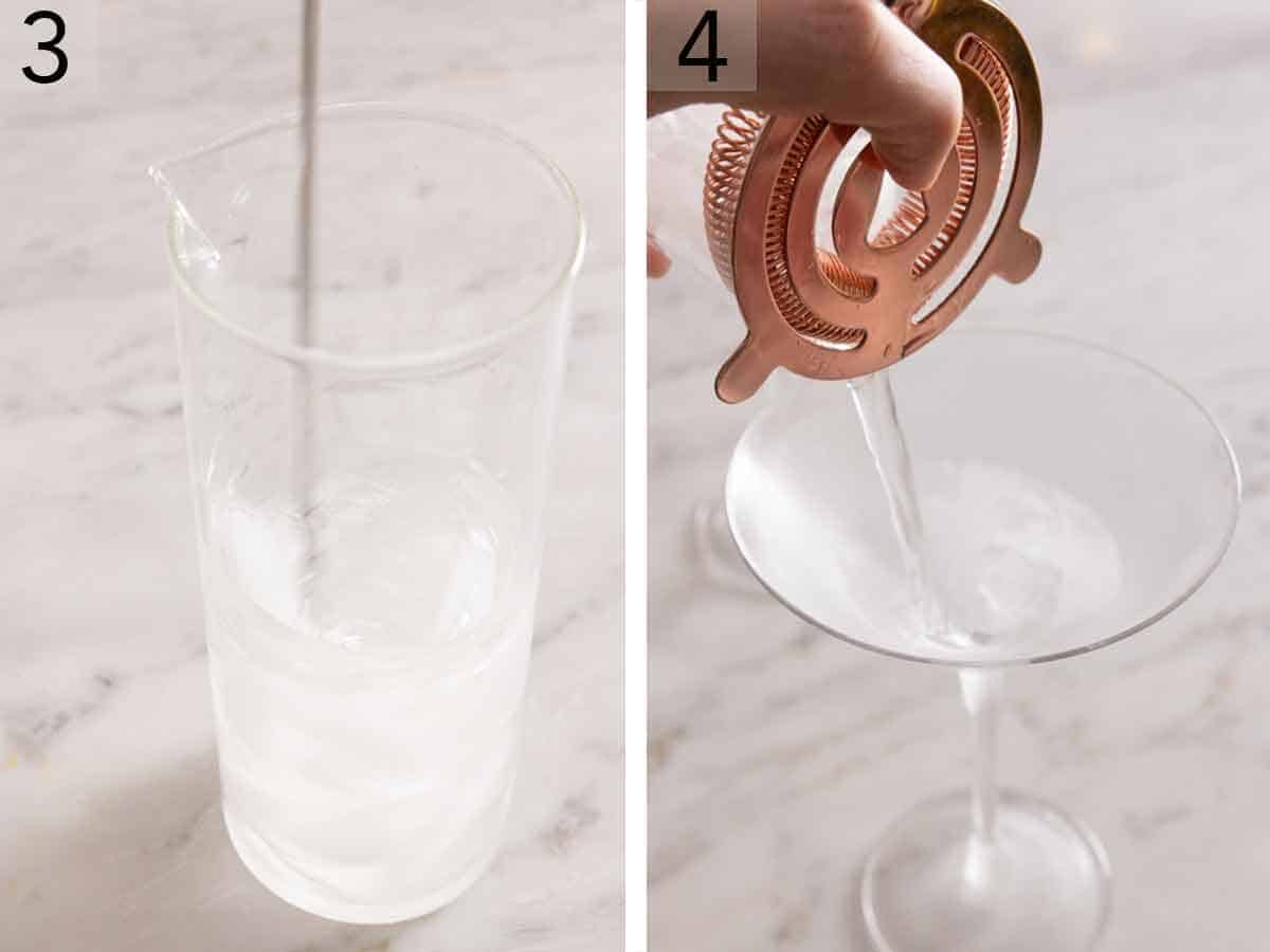 Set of two photos showing the drink stirred and strained.