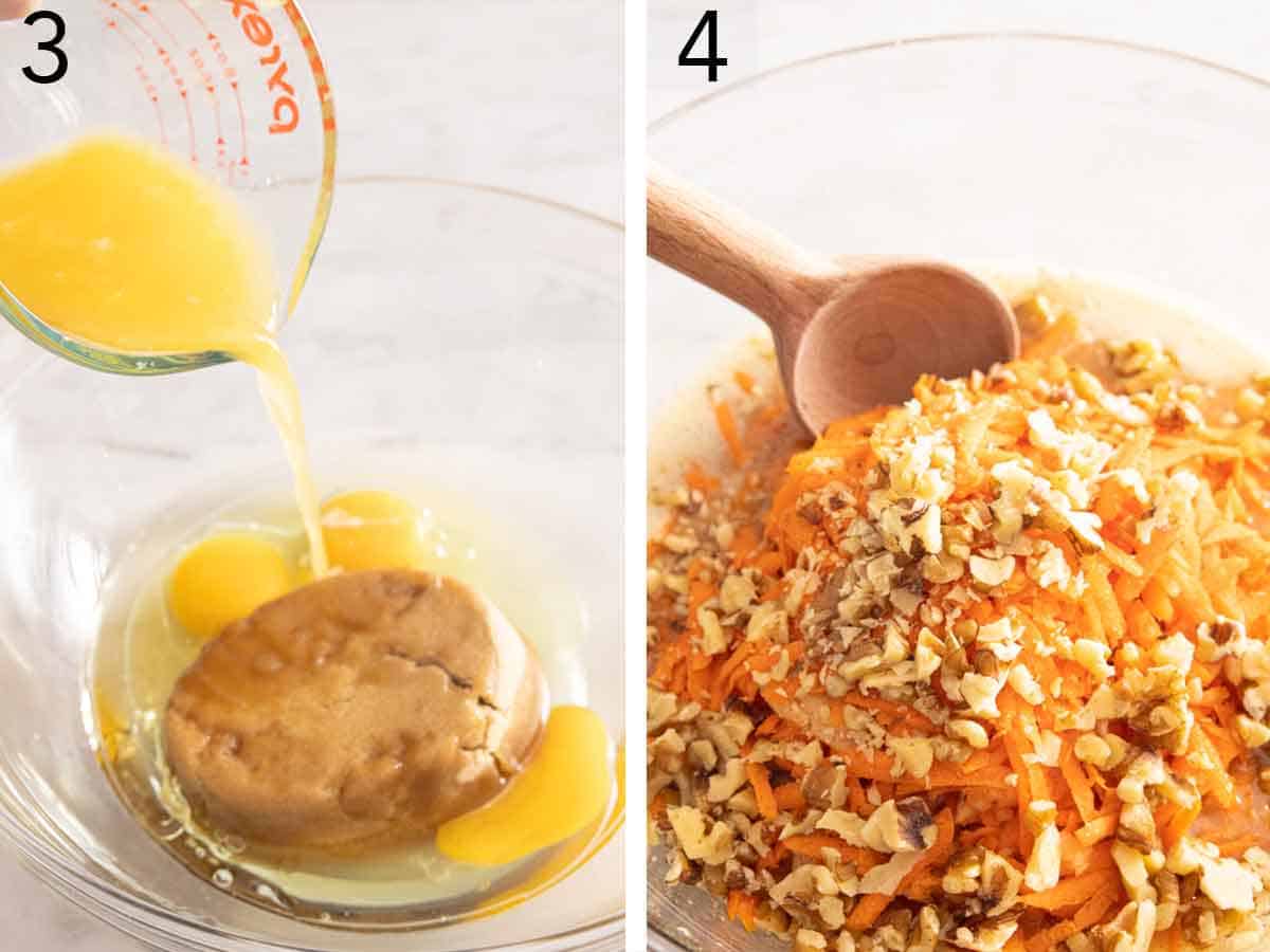Set of two photos showing wet ingredients combined and then combined with the carrots and walnuts.