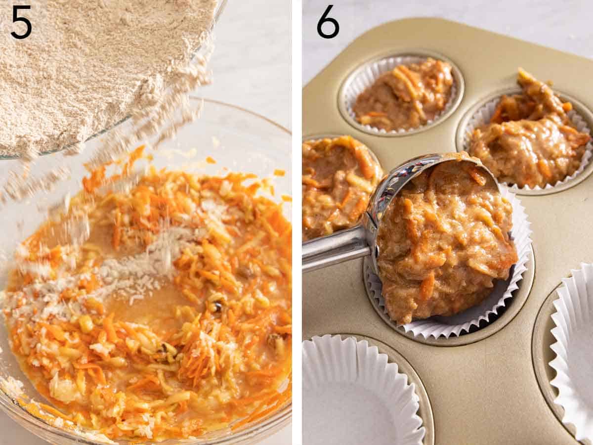 Set of two photos showing dry ingredients added to the batter and scooped to a muffin tin.