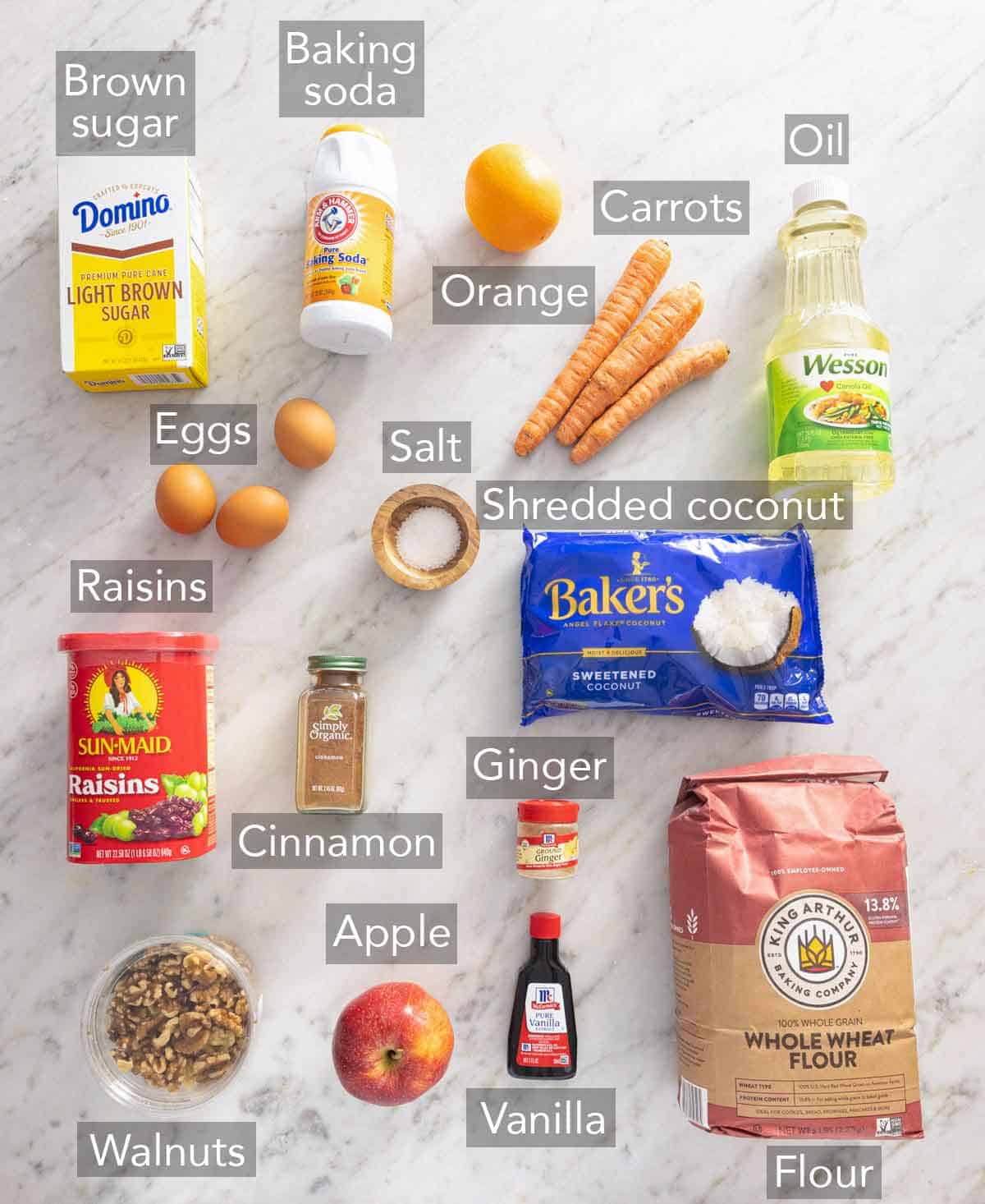 Ingredients needed to make morning glory muffins.